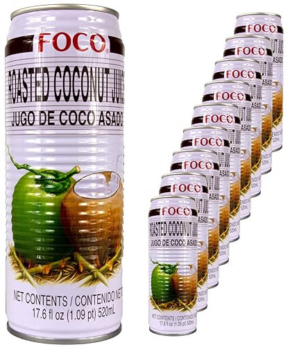 Foco - 10er Pack Original Kokosnusswasser aus gerösteter Kokosnuss mit Fruchtfleischstückchen - Kokosnusssaftgetränk Kokosnuss Saft Getränk - Coconut Water in 520 ml Dose