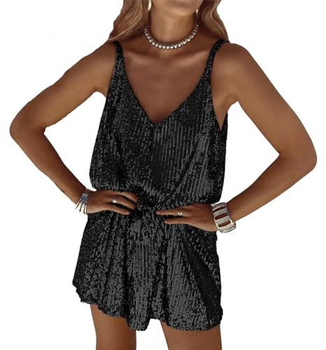 LIAOPUFUS Abito Corto Sexy da Donna con Scollo a V, Bretelle Sexy, Abito in Paillettes, Aderente (Nero, M)