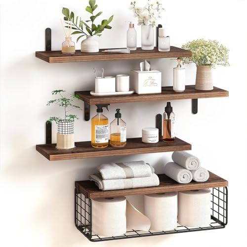 BAKAJI Set 4+1 Mensole da Parete in Legno Massiccio, Scaffali a Muro Multiuso, Staffe e Cestino in Metallo, Scaffalatura per Camera da Letto, Soggiorno, Cucina, Bagno, Libreria, Salvaspazio (Rovere)