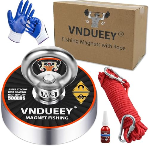VNDUEEY Magnet Fishing Kit, 227Kg - Ø60mm - Extra Strong Neodymium Fishing Magnet with Rope (20M), Carabiner, Non-Slip Gloves, Threadlocker for Retrieving, Heavy Duty Magnets Kit for Hanging