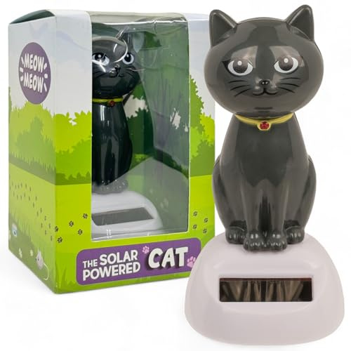 MIJOMA Figurine mobile à énergie solaire - En plastique - Avec cellule solaire - Hauteur : 10 cm - Pas de piles nécessaires - Pour rebords de fenêtre, voitures et endroits ensoleillés - Chat gris