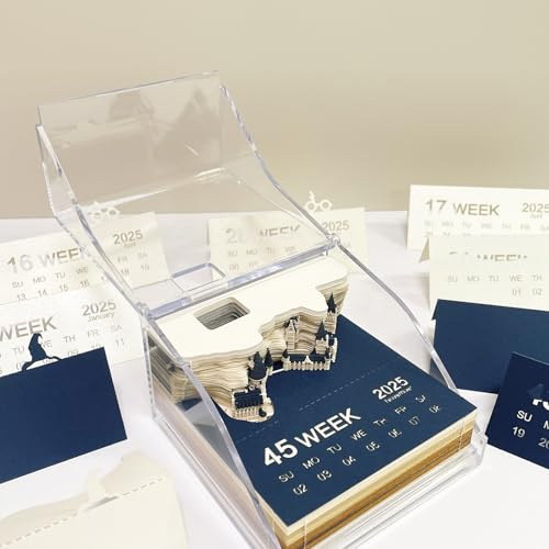 3D kalender 2025 Anteckningsblock, ej limmad, 3D papperskonst med en kristallklar displaylåda, 9 x 9 x 5 cm, 150 ark, borddekoration med pappersmodell