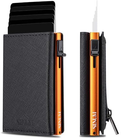 SINUM Portafoglio Saffiano - Chiusura Magnetica - Porta Carte Di Credito con Portamonete - Protezione RFID Anticlonazione - Brand Italiano (Saffiano, Nero/Arancione)