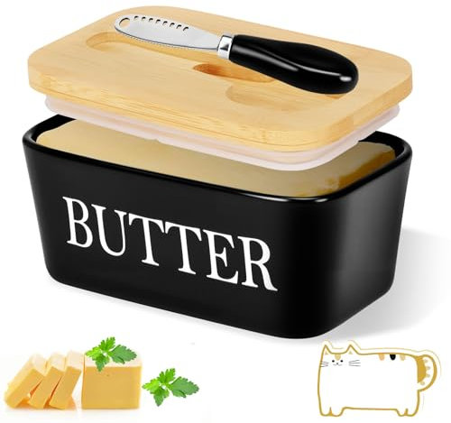BBWELL Beurrier en Porcelaine,Boîte à Beurre avec Couvercle en Bambou,Couteau à Beurre,avec éponge de nettoyage,Scellée Beurrier Utilisé pour Placer du Beurre du Fromage Fruit Salade