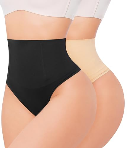 Nebility Thong Shapewear for Women Tummy Control Knickers High Waist Butt Lifter Seamless Slimming Girdle Body Shaper Shaping Underwear 2-Pack(L, Black + Beige)