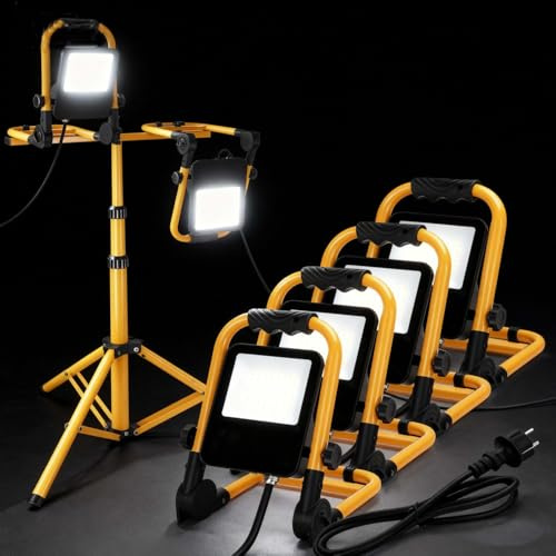Aigostar Foco de Trabajo LED 30W 2700LM Foco LED Portátil con Enchufe, IP65 Impermeable Soporte plegable, para Uso en Interiores y Exteriores, para Obra, Taller, Garaje,6500K Luz Blanca, 4 pcs