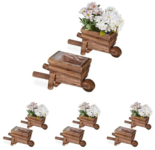 Relaxdays Pflanzschubkarre, 2er Set, Gartendeko, H x B x T: 12,5 x 26 x 12 cm, Blumenkarre zum Bepflanzen, Holz, Natur (Packung mit 4)