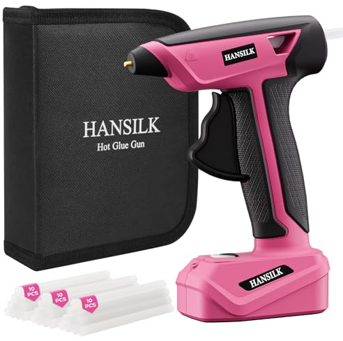 HANSILK Heißklebepistole Akku mit 2000mAh – Kabellose Heissklebepistole mit Type-C 30 Premium Klebesticks 15s schnelles Aufwärmen für DIY Bastelarbeiten,Heimwerken & Reparaturen-Rosa