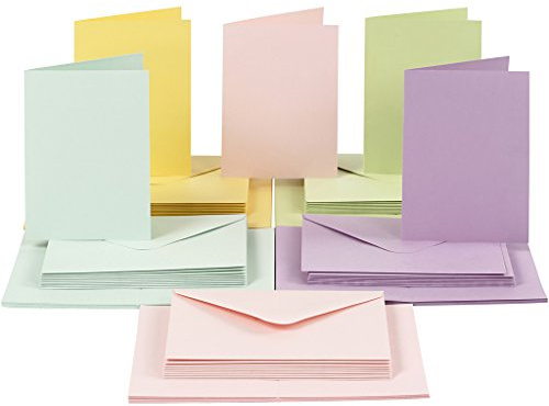 Biglietti e buste, dimensioni biglietto: 10,5 x 15 cm, dimensioni busta: 11,5 x 16,5 cm, colori pastello, 50 pezzi