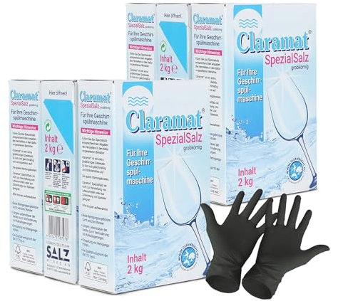 Claramat - Sale Speciale per Lavastoviglie, 6 x 2 kg (12 kg), Sale Rigenerante, Addolcitore, Inclusi 1 Paio di Guanti Monouso ARNOMED