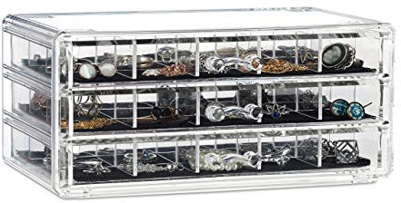 Relaxdays Make Up Organizer Acryl, Schmuckkasten mit 3 Schubladen, Kosmetikaufbewahrung mit Fächer-Einsatz, transparent