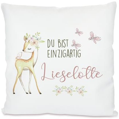 Manufaktur Liebevoll I Kinderkissen mit Namen Kissen Baby Geschenk personalisiert Geburt Namenskissen Geburtstag Mädchen Jungen Rehkitz 40x40 cm Bezug mit Füllung