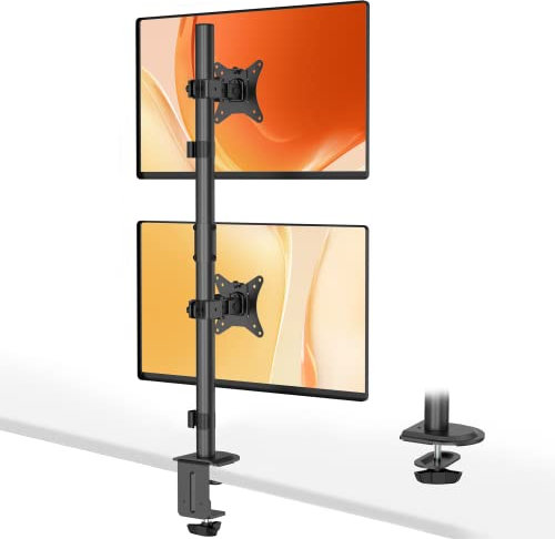 WORLDLIFT Dual Monitor Stand- Vertical Stack Monitor Desk Mount for Two Screens Up to 32 Inch Height Adjustable Screen Supports with Swivel, Tilt, Rotation, C-Clamp and Grommet Bases, Black