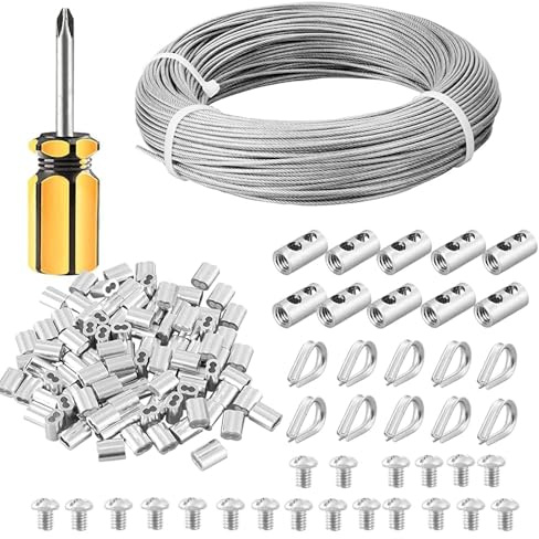 100M Garden Wire for Climbing Plants, 2mm PVC Coated Stainless Steel Cable with Wire Rope Clips & Thimbles for Fence, Vine Eyes for Climbing Plants, Trellis, Outdoor String Light Hanging