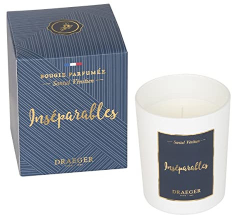 DRAEGER PARIS 1886 - Bougie Blanche Parfumée Santal Vénitien Inséparables - Idée Cadeau Frère, Couple, Collègue - Pot en Verre 9x7,5cm - Made in France - 100% Cire Végétale - Mèche Coton - 40h