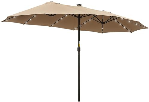 Outsunny Sombrilla Doble con 48 Luces LED, 4,5x2,7 m, Sombrilla Terraza Exterior con Manivela Manual, Resistente al Agua y Protección Solar, Parasol para Jardín, Terraza, Patio y Piscina, Caqui