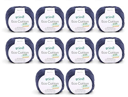 Gründl Eco Cotton Wool - Wool for Crochet - Wool for Knitting - Crochet Yarn - Soft and Skin Friendly - 100% Organic Cotton - 10 Balls 50 g / 105 m - Needle Size 3.5-4.5 - Jeans
