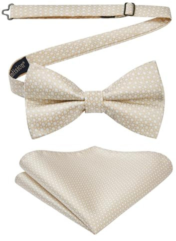 Enlision Fliege Beige Herren Anzug Fliegen mit Einstecktuch Set Hochzeit Formelle Herrenfliege Vorgebunden Verstellbare Smoking Schleife und Taschentuch für Männer