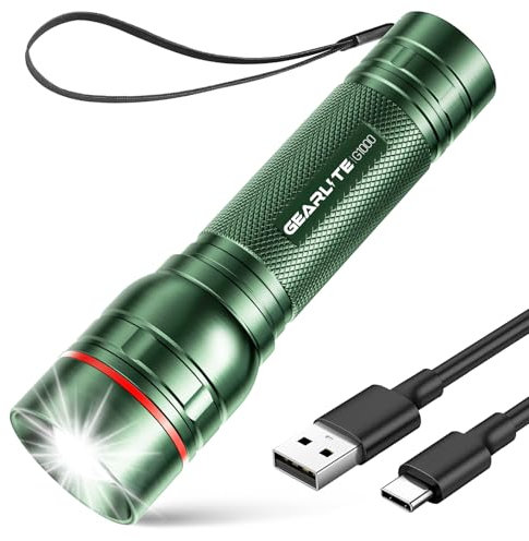 GEARLITE Torcia LED Ricaricabile, Zoomabile Mini Torcia LED Potente Professionale con 3 Modalità, IP67 Impermeabile Torce Lunga Distanza Portatile da Campeggio Pesca Trekking Emergenza (Verde)