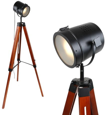 Alpinaluz Lampadaire Cinema trépied en bois naturel - orientable avec verre opaque, culot E27, style nautique vintage pour salon salle à manger