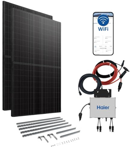 Haier 600 W / 800 W Stecker-Solaranlage, Balkonkraftwerk Komplettset, mit 2x 410 W Modulen, Halterung, Wechselrichter, 5 m Kabel, WiFi