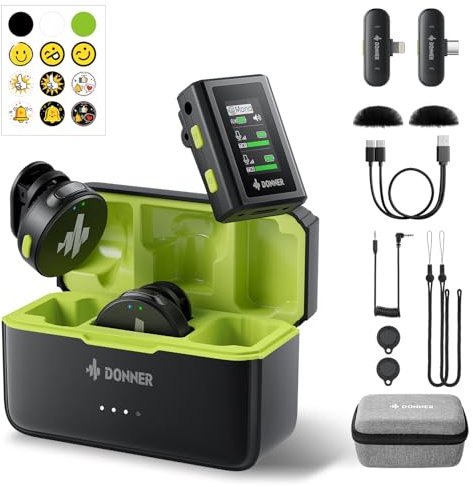 Donner VPM-20 Micrófono Lavalier inalámbrico para cámara USB-C/Lightning para iPhone, iPad, Android, con Caja de Carga, micrófonos de Doble Canal, Plug-Play, Rango de 1000 pies, 48 KHz 24 bits