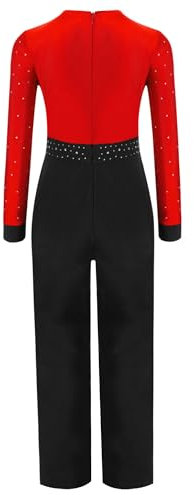 CHICTRY Kinder Junge Jazz Tanzkostüm Langarm Ganzkörper Body Strass Glitzer Tanzanzug V-Ausschnitt Oberteil Stretch Hose Latein Standard Tanzkleidung Rot 134-140