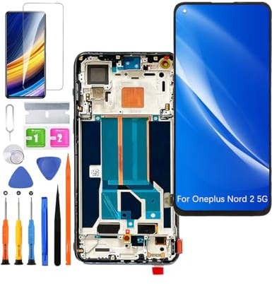 HLYGZX Ersatz Bildschirm für Oneplus Nord 2 5G LCD Display TFT, DN2101 DN2103 Display Touchscreen Digitizer Assembly Reparaturteile Kit(Schwarz mit Rahmen, Ohne Fingerabdruck)