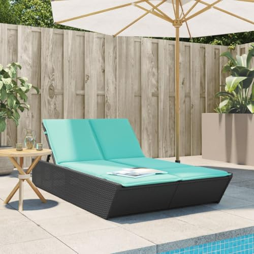FUDUGEHMIOFWFJJ Double Sun Lounger with Cushions Black Poly Rattancamping Chairs Tanning Chair Patio Chairs Outdoor Lounge chairsSuitable for Gardens, courtyards