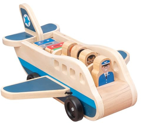 Pesoncarl Juego de Aviones de pasajeros de Madera, avión de Juguete con 4 Figuras de Juego y 4 Maletas para niños pequeños, Juguetes de Madera clásicos Roles y el Desarrollo de habil