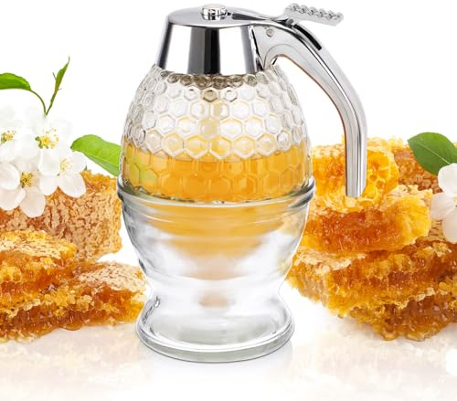 SUMNACON Dispenser per miele in vetro, contenitore per miele con supporto e manico, vaso per miele con dipper, dispenser per syrup, barattoli per miele facili da pulire, per tavolo da colazione