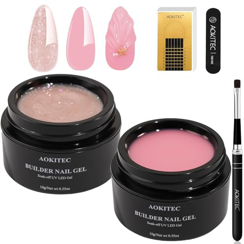 Kit Gel per Ricostruzione Unghie Aokitec 2 Pezzi - Builder Hard Gel Glitter Rosa con 100 Forme per Unghie e Pennello, per Prolungamento, Riparazione, French Manicure e Rinforzo, Donne e Salon