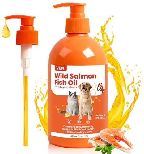 VUN Salmon Fish Oil for Dogs & Cats,Unflavored Omega 3 Oil Supplement for Itchy Dry Skin,Allergy Relief,Joints&Paws,Brain,Eyes&Heart Treatment,Wild Liquid Fish Oil by Pump with EPA DHA–16 oz