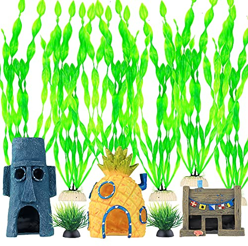 BEGONDIS 23-Piece Aquarium Decoration Kit, Artificial Green Plants & Resin Ornaments