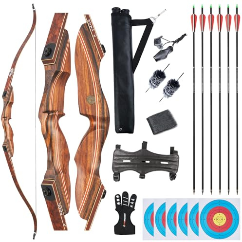 TOPARCHERY Archery 60 Bow and Arrow Set for Adults Youth Beginners, Precious Ebony and Yellow Rosewood Practice Competition Longbow Kit Right Hand-45LB