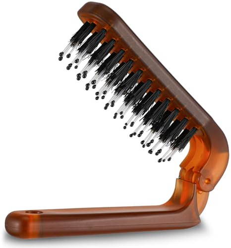 Foldable Hair Brush, Portable Travel Hairbrush Mini Boar Bristle Hair Brush Anti-Static Pocket Comb Hairstyling Tool for Women Men Thick Thin Straight Curly Wet Dry (Amber)