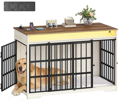 Hzuaneri Meuble Cage Chien avec Éclairage RGB & Multiprise, Blanc Marron