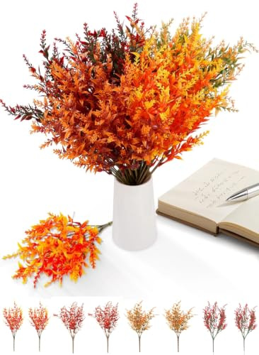 YIPFEN 8 Ramos de Decoración Otoñal Artificial con Hojas de Otoño, Flores Secas en Naranja y Rojo, Ramas de Otoño para Mesa, Salón, Balcón, Jarrón y Bodas