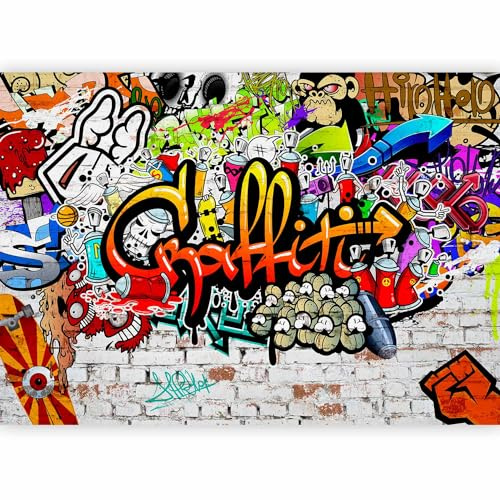 Papier peint murando panoramique artistique 350x256 cm - Revêtement mural décoration salon - Design moderne - Rouge gris jaune - Artistique graffiti coloré urbain mural adolescent f-A-0348-a-b