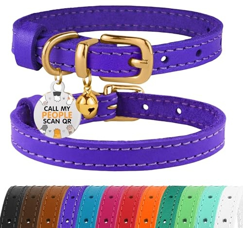 BRONZEDOG Collier pour Chat en Cuir avec Médaille QR-ID Amovible – Collier pour Chaton avec Grelots, Non-Anti-Étranglement, pour Femelles & Mâles (Violet & Or, 18-22 cm)