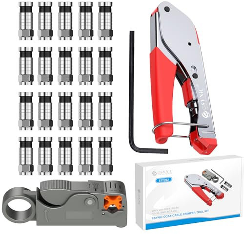 ESYNiC Set Pinze da Crimpare in Acciaio Carbonio Pinza Crimpatrice a Compressione con Spelafili Tagliafili per Cavo Coassiale Rotante con 20 Connettori F-Tipo RG6 RG59 per TV via Cavo - Rosso