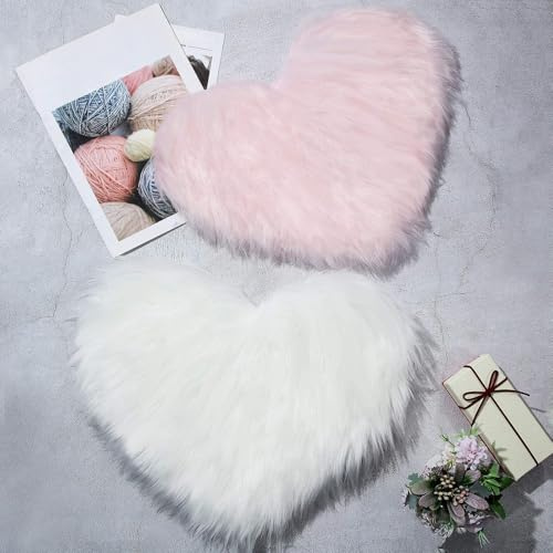 Mudder 2 Alfombras de Piel de Oveja Sintética Esponjosa Alfombra en Forma de Corazón Tapete Peludo de Habitación para Hogar Sala de Estar Sofá Piso Dormitorio, 12 x 16 Pulgadas (Blanco y Rosa)