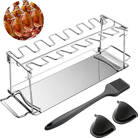 Vorsee Hähnchenschenkel Halter, Edelstahl Chicken Rack Hähnchenkeulenhalter für 14 Hähnchen-Keulen mit BBQ Pinsel+ Topflappenhandschuhe Grill-Zubehör perfekt gegrillte Chicken-Wings klappbar, Silber