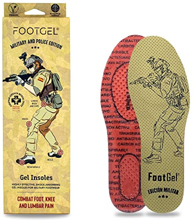 Footgel - Plantillas Gel Edition Militar y Policial | Plantillas Gel Botas de Trabajo Transpirables, Cómodas | Estabilizadoras, Previene Dolores en Pies, Rodillas, Lumbares | Eucalipto, Tallas 43 a 46