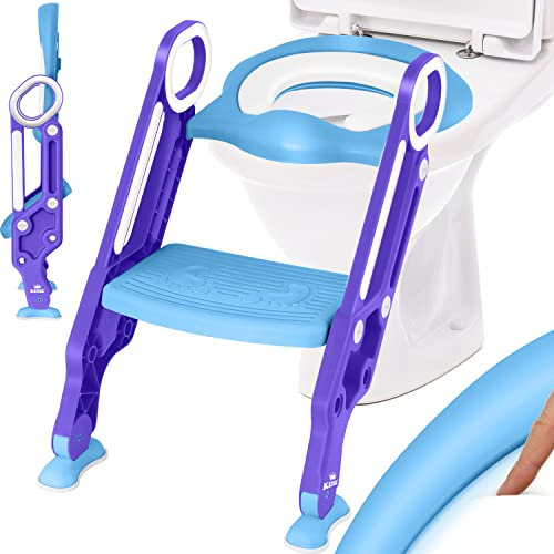 KIDIZ® Kinder Toilettensitz Toilettentrainer mit Treppe und Griffe Faltbar Kindertoilette WC Sitz Töpfchentrainer Lerntöpfchen bequemem Kissen und breiten Stufen Toilettentreppe höhenverstellbar Blau