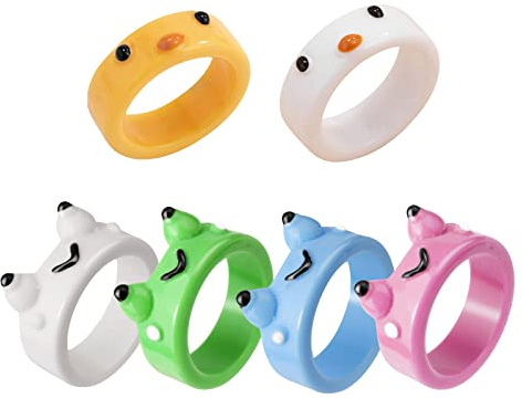 6 Pièces Adorables Anneaux de Grenouille et Poussin pour Femmes Adolescentes, Anneaux en Résine Mauvais Œil Colorés, Bijoux d'Amitié à Mode