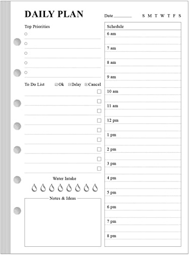 Undated Daily Planner Refill - A5 Day Planner Insert To Do List, 100 Sheets/200 Pages Planner and Lined Refill, 7-Hole Punched, 100 gsm White Paper, 5.8 x 8.3