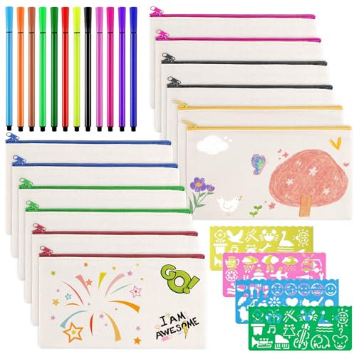 Tufa 12 Stück DIY Blanko Stoffbeutel Leinwand Federmäppchen Kosmetiktasche zum Bemalen, mit 12 Farbigen Stiften, und 4 Zeichenvorlagen, für Basteln, Kindergeburtstag, Reißverschluss, Aufbewahrung