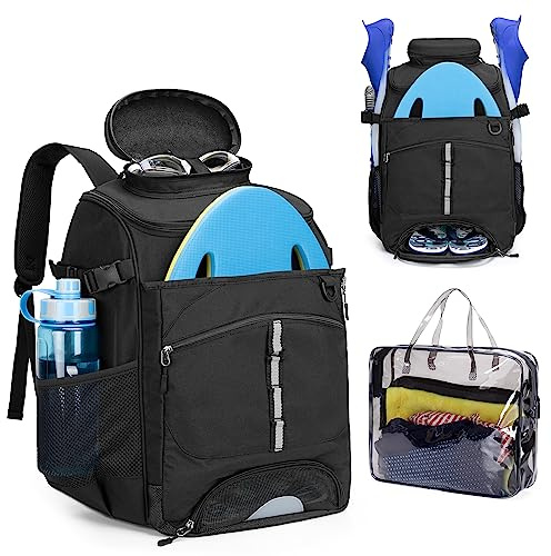 GOBUROS Swim Backpack for Swimmers, Swim Equipment Bag with Additional PVC Transparent Bag for Workout Gear, Swimming Backpack for Swimming, Pool, Beach and Gym, Black