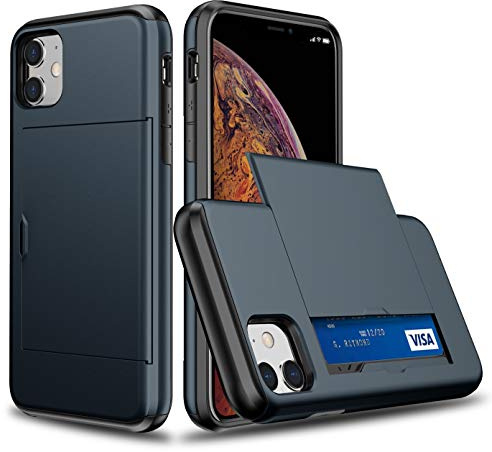 XYZNTMF for iPhone 12 Case iPhone 12 Shockproof Case with Card Holder Soft Silicone Bumper Matte Hard PC Shell Heavy Duty Protective Skin Cover Armor Rubber iPhone 12 Phone Case, Dark Blue